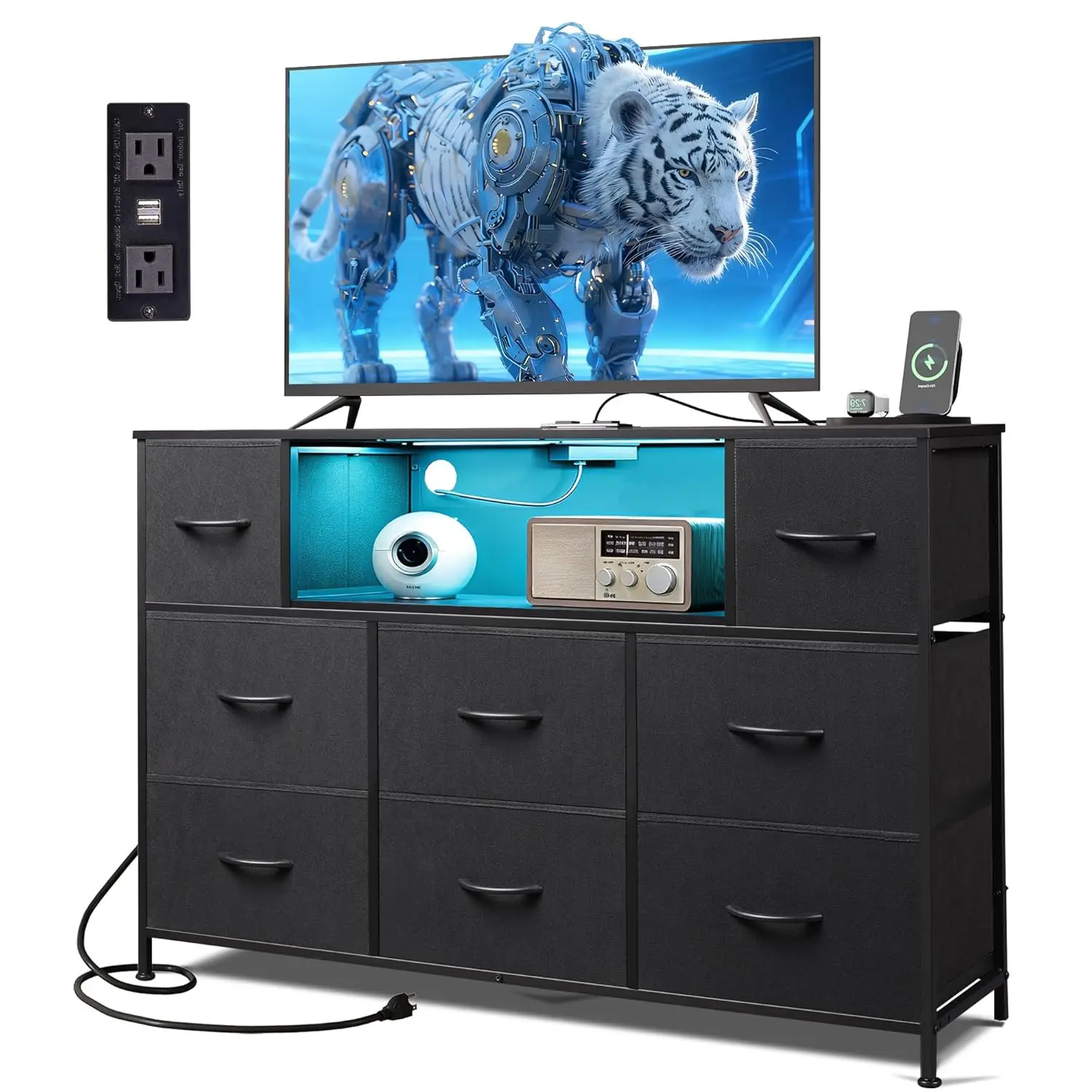 Black TV Stand Media Console LED Lights Charging Station 8 Fabric Drawers Open Shelves Living Room Hallway Customized
Black TV Stand Media Console LED Lights Charging Station 8 Fabric Drawers Open Shelves Living Room Hallway Customized