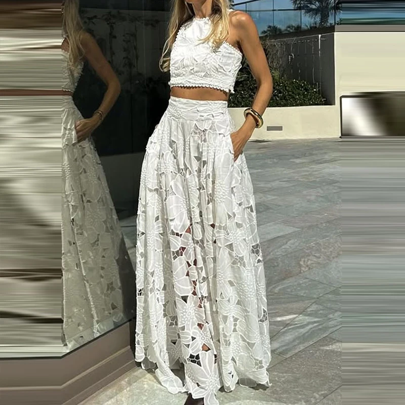 Summer Sexy Hollow Out A-Line Skirt Outfits Casual O-neck Vest Top with Long Skirt Set Women Elegant Sleevless Solid Beach Suit
Summer Sexy Hollow Out A-Line Skirt Outfits Casual O-neck Vest Top with Long Skirt Set Women Elegant Sleevless Solid Beach Suit