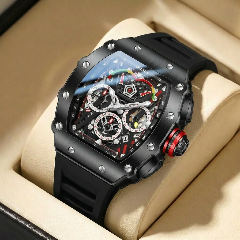 1pcs Men's black dial silicone strap vintage fashion tonneau skeleton sporty details Quartz Watch for business party holiday
1pcs Men's black dial silicone strap vintage fashion tonneau skeleton sporty details Quartz Watch for business party holiday