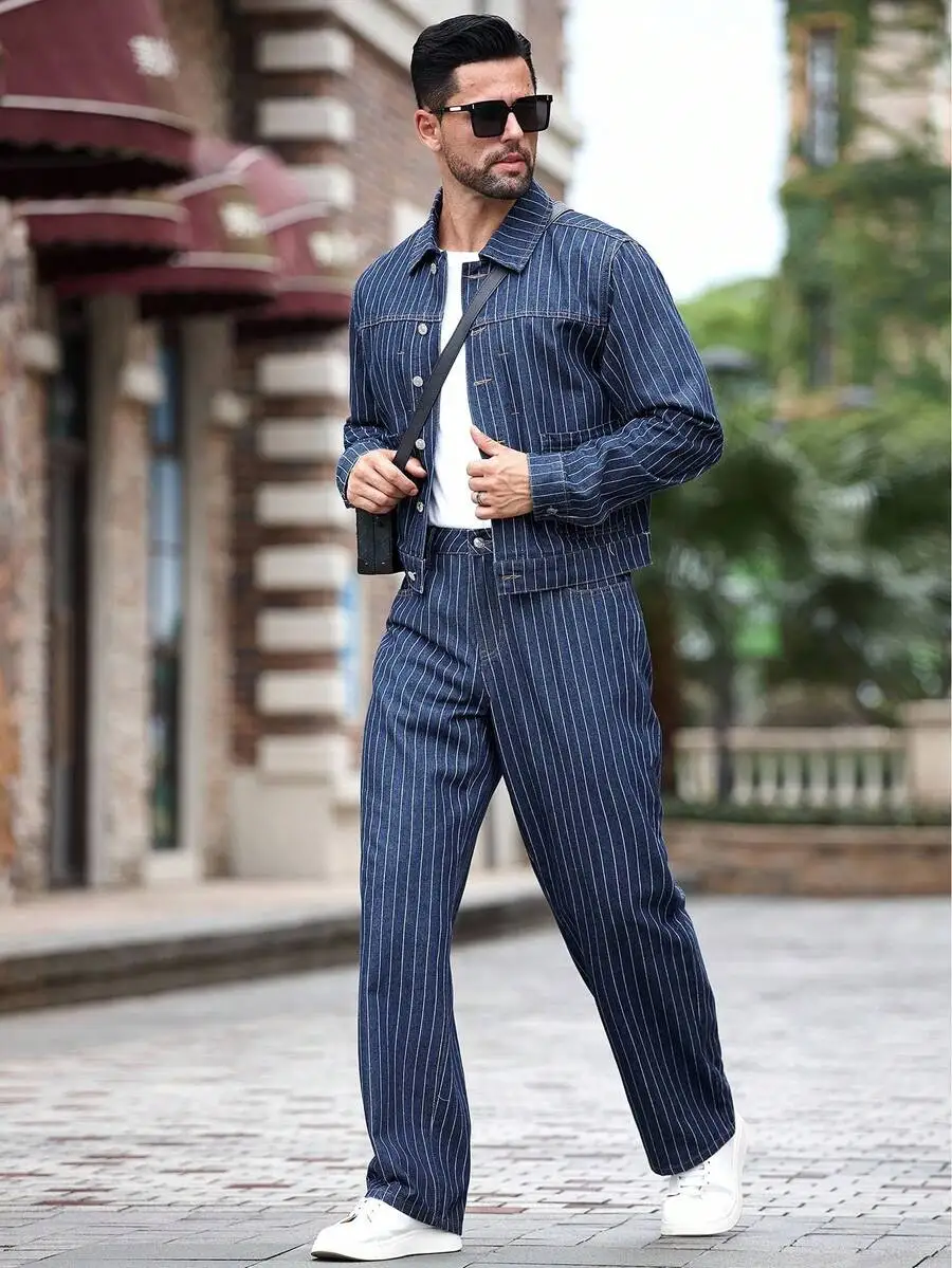 Men Striped Denim Jacket And Pants Set Casual Urban Outfit For Fall
Men Striped Denim Jacket And Pants Set Casual Urban Outfit For Fall
