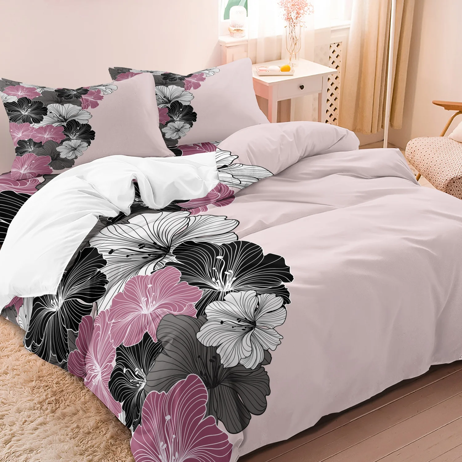 3pcs Black & Pink Floral Duvet Cover Set.Soft And Comfortable Duvet Cover, Gift For Family Friends (1 Duvet Cover 2 Pillowcases)
3pcs Black & Pink Floral Duvet Cover Set.Soft And Comfortable Duvet Cover, Gift For Family Friends (1 Duvet Cover 2 Pillowcases)