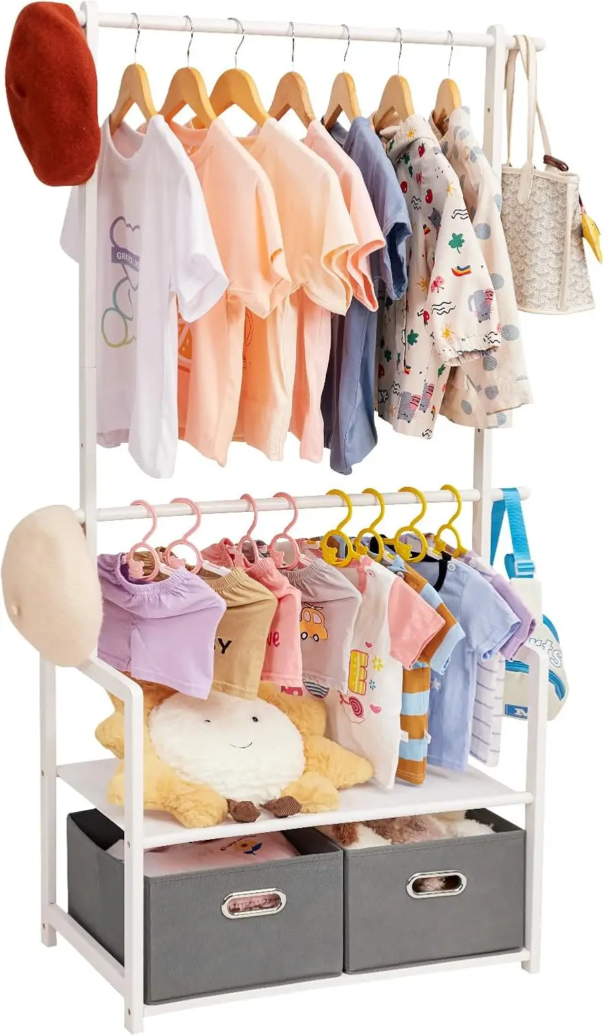 Kids Bamboo Clothing Rack with 2 Baskets and Adjustable Rods, Garment Stand for Playroom and Toddlers Bedroom White
Kids Bamboo Clothing Rack with 2 Baskets and Adjustable Rods, Garment Stand for Playroom and Toddlers Bedroom White