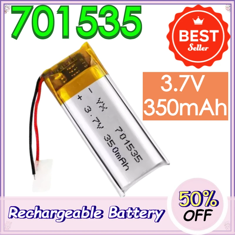 3.7V 350mAh Polymer Lithium Rechargeable Battery for Bluetooth Headset Dog Training Device Credit Card Machine Battery 701535
3.7V 350mAh Polymer Lithium Rechargeable Battery for Bluetooth Headset Dog Training Device Credit Card Machine Battery 701535