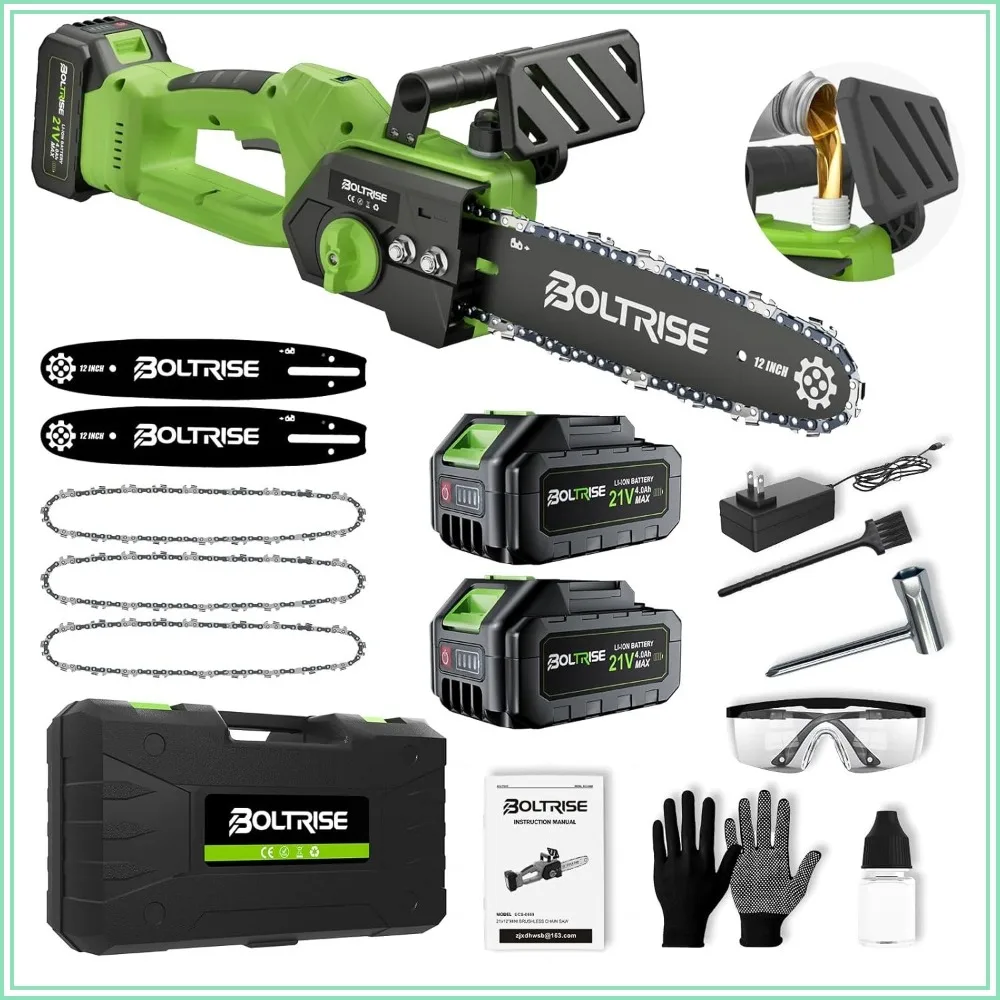12" Cordless Brushless Chainsaw, 2×4.0Ah Batteries, Auto Oiler, 32.8 ft/s, for Tree Trimming & Wood Cutting
12" Cordless Brushless Chainsaw, 2×4.0Ah Batteries, Auto Oiler, 32.8 ft/s, for Tree Trimming & Wood Cutting
