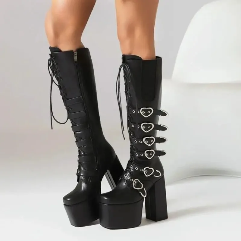 New Punk Goth Women Motorcycle Boots High Heeled Knee High Platform Shoes Heart Buckle Lace Up Luxury Trendy Winter Street Boots
New Punk Goth Women Motorcycle Boots High Heeled Knee High Platform Shoes Heart Buckle Lace Up Luxury Trendy Winter Street Boots