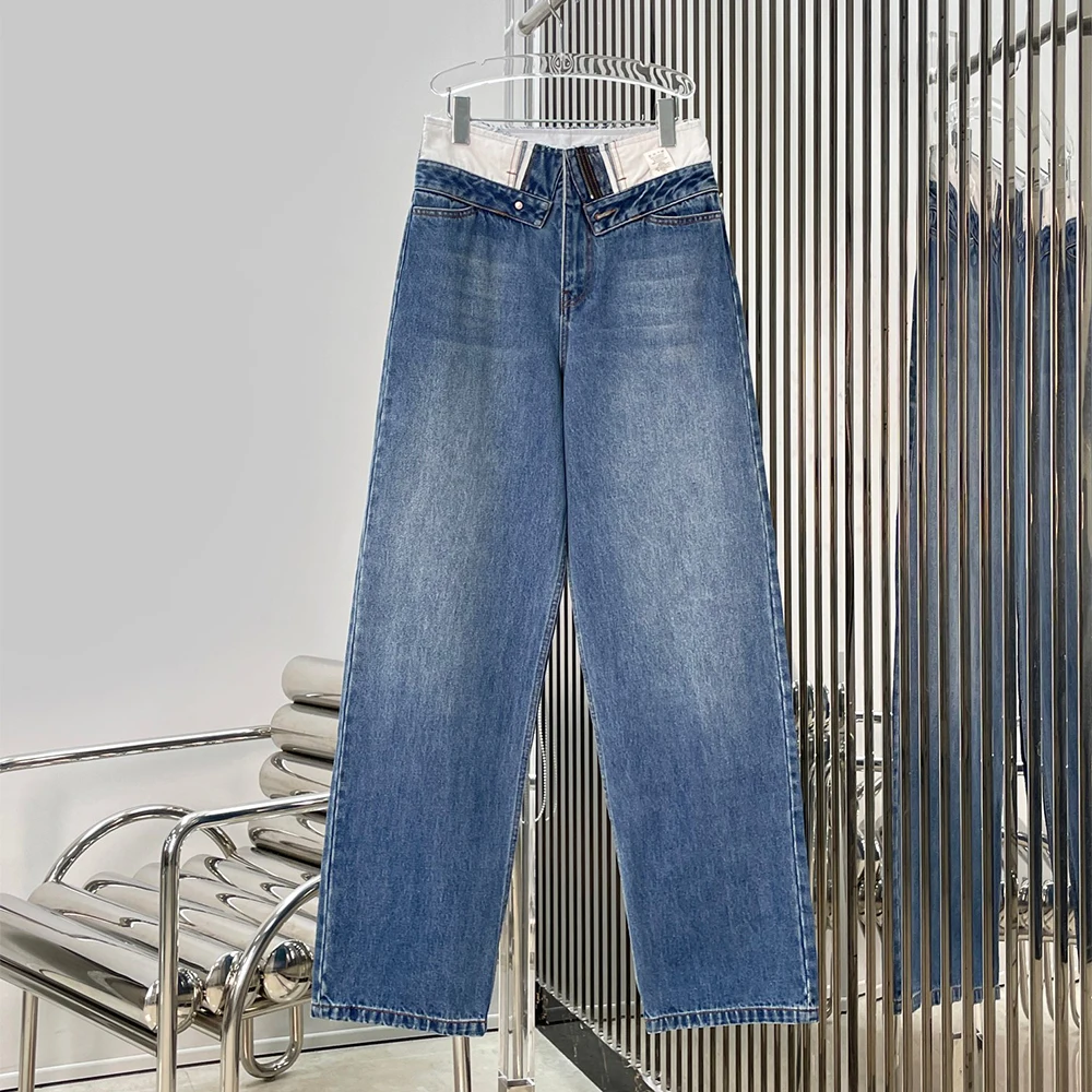 Women's High Waist Contrast Color Wide Leg Jeans - Cotton Blend Casual Denim Pants with Asymmetric Waistband for Streetwear
Women's High Waist Contrast Color Wide Leg Jeans - Cotton Blend Casual Denim Pants with Asymmetric Waistband for Streetwear