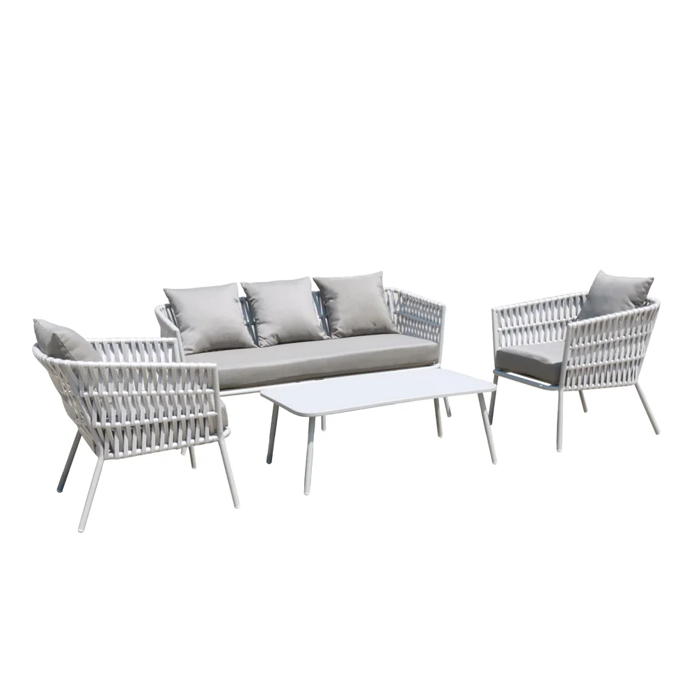 Luxury White Outdoor Furniture 4 Pcs Patio Aluminum Polyester Braided Rope Chair Sofa Set
Luxury White Outdoor Furniture 4 Pcs Patio Aluminum Polyester Braided Rope Chair Sofa Set