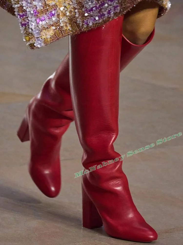 Genuine Leather Red Boots Round Toe Chunky High Heels Slip On Boots Women Sexy New Style Shoes Knee High Spring Party Designer
Genuine Leather Red Boots Round Toe Chunky High Heels Slip On Boots Women Sexy New Style Shoes Knee High Spring Party Designer
