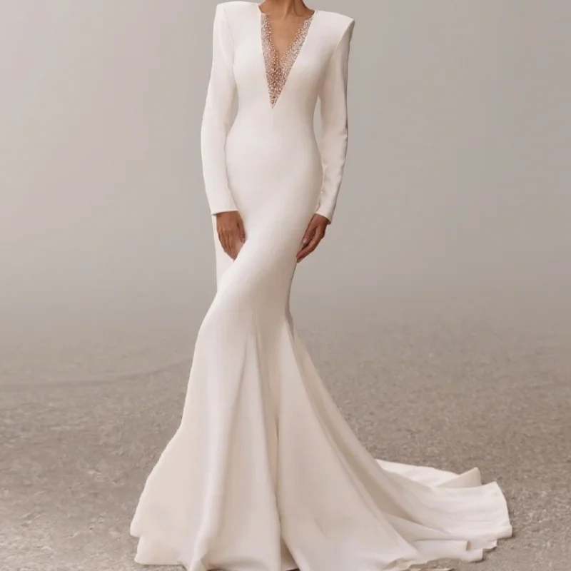 Satin Mermaid Wedding Dresses Bridal Gowns Robes Deep V-Neck Floor Length Vestidos Customized
Satin Mermaid Wedding Dresses Bridal Gowns Robes Deep V-Neck Floor Length Vestidos Customized 