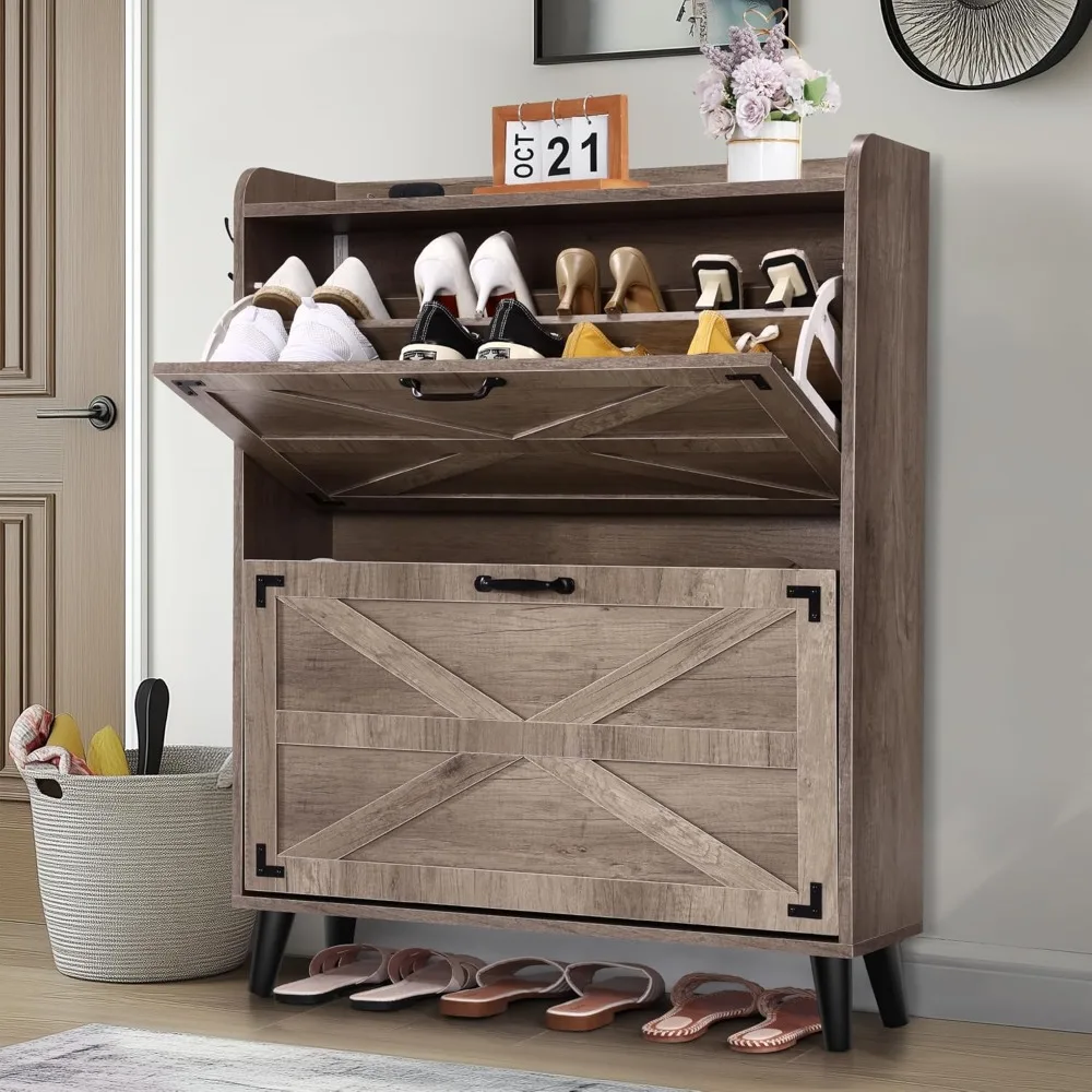 31" Farmhouse Shoe Cabinet with 2 Flip Drawers, Freestanding Shoe Organizer with Side Hooks, Hidden Slim Shoe Rack Cabinet for E
31" Farmhouse Shoe Cabinet with 2 Flip Drawers, Freestanding Shoe Organizer with Side Hooks, Hidden Slim Shoe Rack Cabinet for E