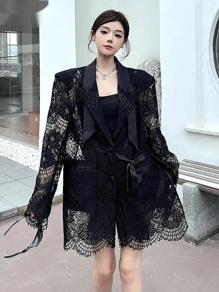 Fashion Black Hollow Out Lace Patchwork Blazer Women's Lapel Loose Fit Lace Up Long Sleeves Suit Jacket Summer Z6I7
Fashion Black Hollow Out Lace Patchwork Blazer Women's Lapel Loose Fit Lace Up Long Sleeves Suit Jacket Summer Z6I7