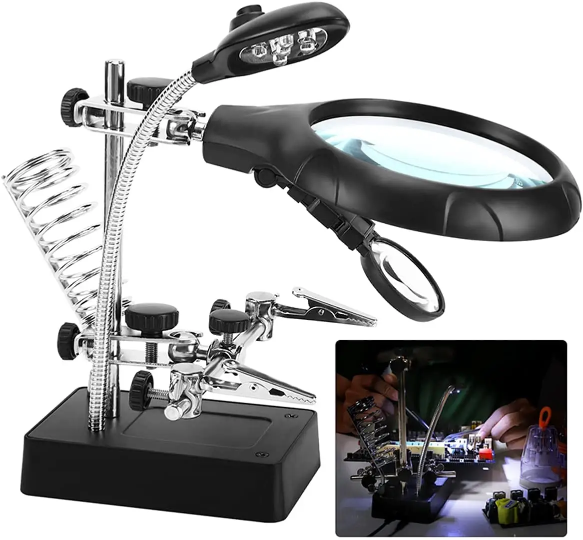 2.5X 7.5X 10X LED Light Helping Hands Magnifier Soldering Station Magnifying Glass Stand with Auxiliary Clamp and Alligator Clip
2.5X 7.5X 10X LED Light Helping Hands Magnifier Soldering Station Magnifying Glass Stand with Auxiliary Clamp and Alligator Clip