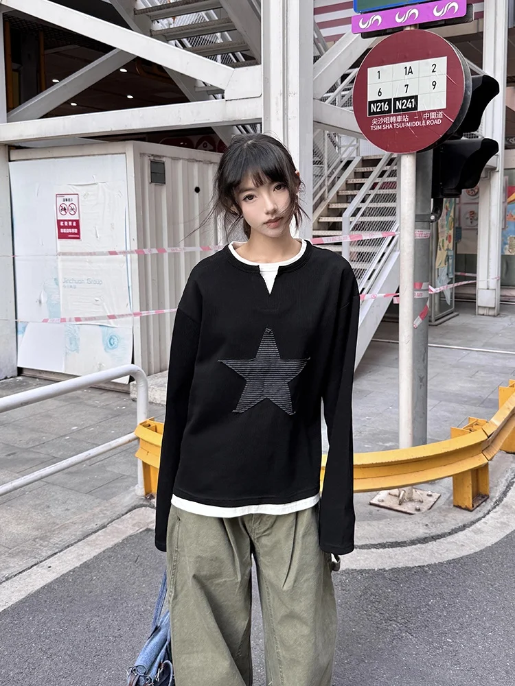 URKR Patchwork Long Sve T-irt Loose Fit ex Spring Autumn Street Sle Cotton Polyester Blend round Ne Top
URKR Patchwork Long Sve T-irt Loose Fit ex Spring Autumn Street Sle Cotton Polyester Blend round Ne Top