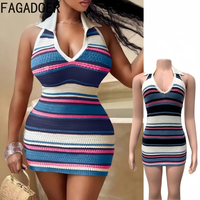 FAGADOER Summer Sexy Colorful Stripe Patchwork Bodycon Dress Women Halter V-Neck Backless Dresses Female Streetwear Vestidos New
FAGADOER Summer Sexy Colorful Stripe Patchwork Bodycon Dress Women Halter V-Neck Backless Dresses Female Streetwear Vestidos New
