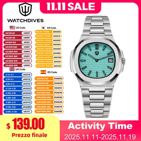 Watchdives WD00013 Orologio al quarzo Swiss Ronda 714 Movimento Data Zaffiro 316L 8Bar Impermeabile 37Mm Quadrato luminoso Orologi di lusso