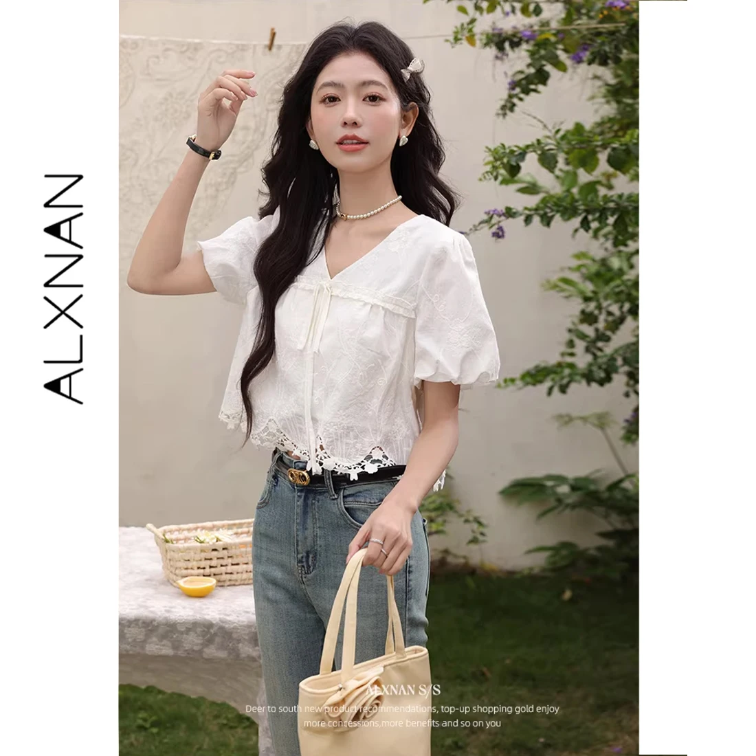 ALXNAN Women's White Shirt Elegant Cotton Short Sleeve Blouse Summer V-neck Lace Design Sweet Short Loose-fit Clothing L53858
ALXNAN Women's White Shirt Elegant Cotton Short Sleeve Blouse Summer V-neck Lace Design Sweet Short Loose-fit Clothing L53858