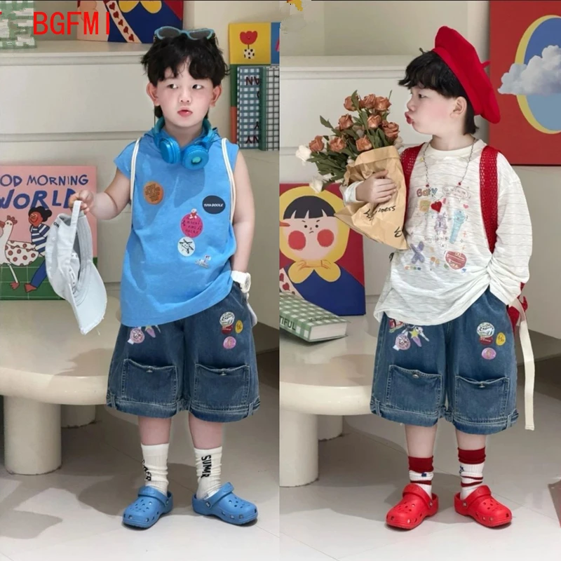 2026 New Kids Clothes Boys Thin Long Sleeved T-shirt + Denim Shorts / Sleeveless Hooded Cartoon Vest + Printed Shorts 2pcs Set
2026 New Kids Clothes Boys Thin Long Sleeved T-shirt + Denim Shorts / Sleeveless Hooded Cartoon Vest + Printed Shorts 2pcs Set