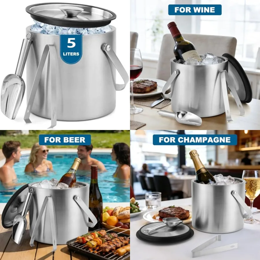 5L Insulated Ice Bucket for Party, Portable Large Capacity Ice Buckets, Double-Wall Stainless stell Ice Container Keep Ice Cool
5L Insulated Ice Bucket for Party, Portable Large Capacity Ice Buckets, Double-Wall Stainless stell Ice Container Keep Ice Cool