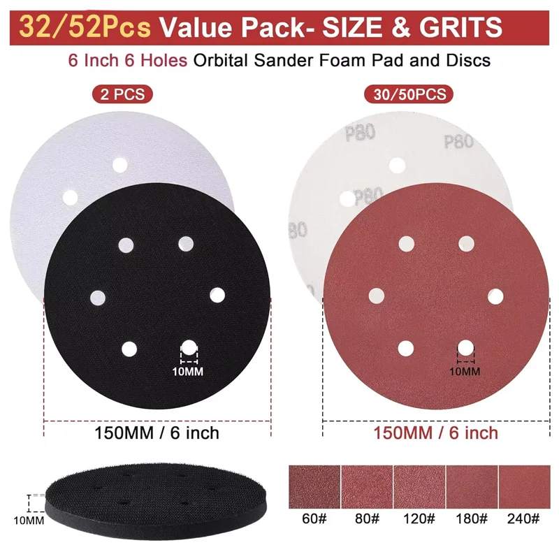 6Inch 150MM 6Holes Red Sandpaper Kit 32/52Pcs Hook and Loop Aluminum Oxide with 10MM Interface Pad for Grinding Wood Metal
6Inch 150MM 6Holes Red Sandpaper Kit 32/52Pcs Hook and Loop Aluminum Oxide with 10MM Interface Pad for Grinding Wood Metal