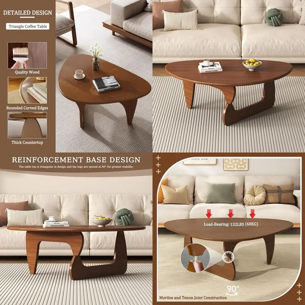 Mid-Century Modern Walnut Triangle Coffee Table, Rustic Wooden Legs, Ideal for Small Living Spaces
Mid-Century Modern Walnut Triangle Coffee Table, Rustic Wooden Legs, Ideal for Small Living Spaces