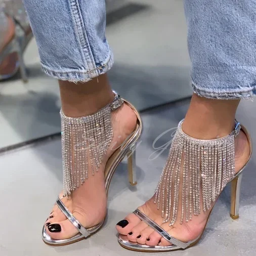Silver Crystals Chain Fringe High Heel Sandals Women Round Toe Stiletto Cover Heel Buckle Strap Wedding Party Dress Shoes
Silver Crystals Chain Fringe High Heel Sandals Women Round Toe Stiletto Cover Heel Buckle Strap Wedding Party Dress Shoes