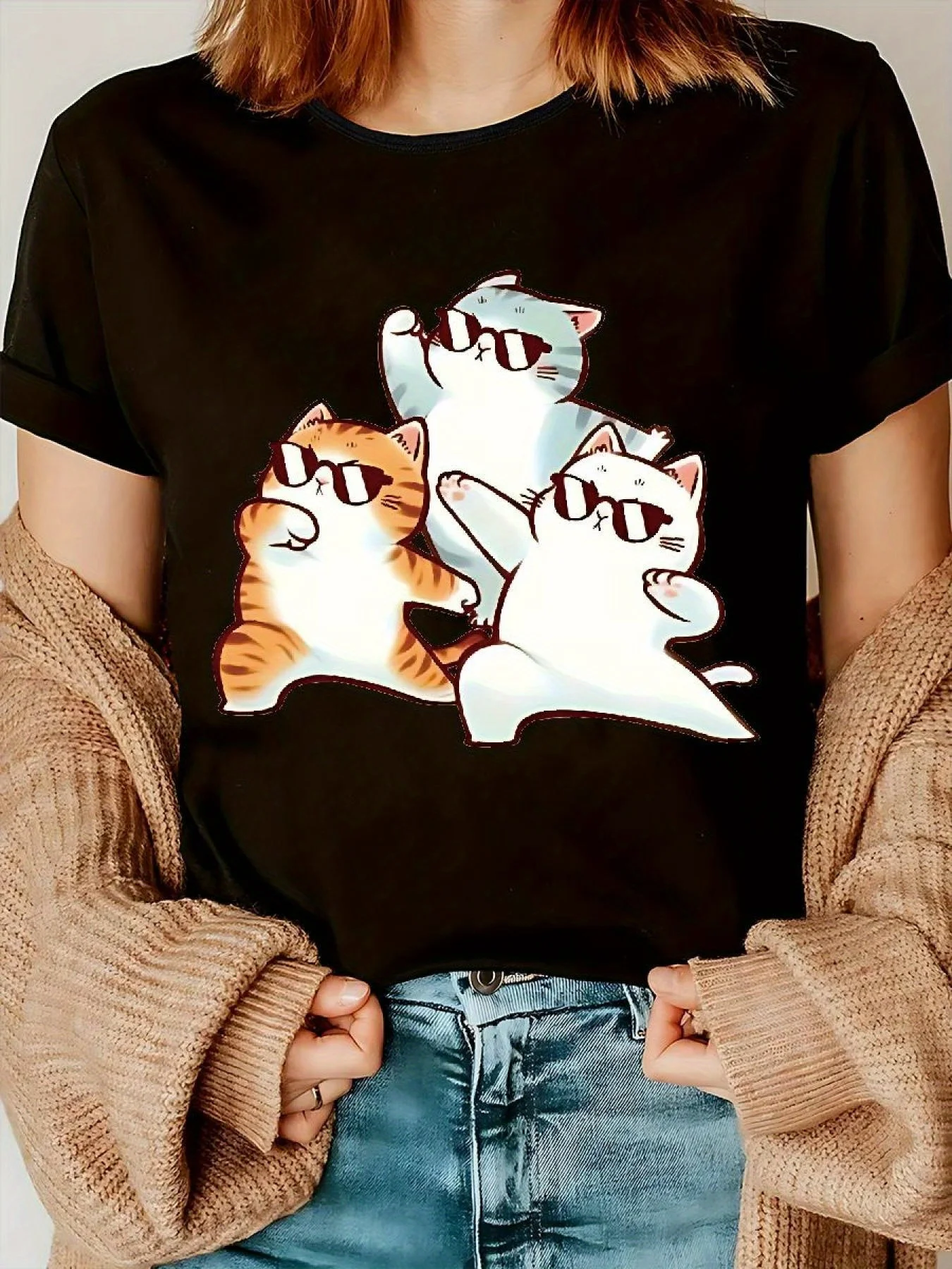 Women'S Casual Fashion T-Shirt Round Neck Cute Kitten Print Short Sleeve Four Seasons Tops Soft Comfortable Casual Tee
Women'S Casual Fashion T-Shirt Round Neck Cute Kitten Print Short Sleeve Four Seasons Tops Soft Comfortable Casual Tee