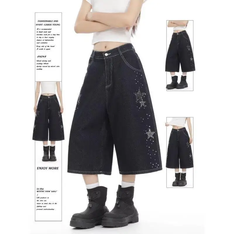 Retro Washed Rhinestone Star Design Seven-Five Jeans Women Summer Loose Wide Leg Pants High Waist Cotton Denim Casual
Retro Washed Rhinestone Star Design Seven-Five Jeans Women Summer Loose Wide Leg Pants High Waist Cotton Denim Casual