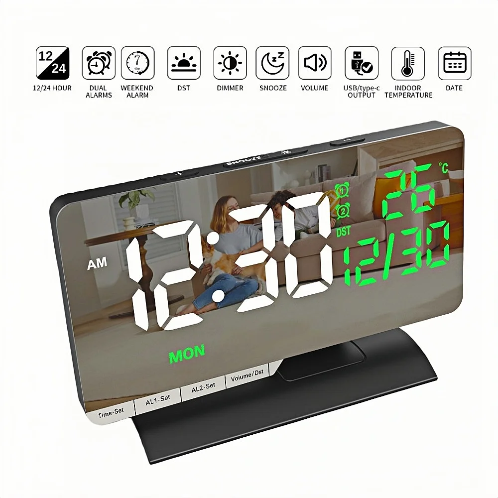 Цифровой будильник TEMP Дата Неделя Двойной будильник 2 USB-выхода Порт зарядки DST Настольные часы с повтором 12/24H 5-уровневая громкость Светодиодные часы
Цифровой будильник TEMP Дата Неделя Двойной будильник 2 USB-выхода Порт зарядки DST Настольные часы с повтором 12/24H 5-уровневая громкость Светодиодные часы