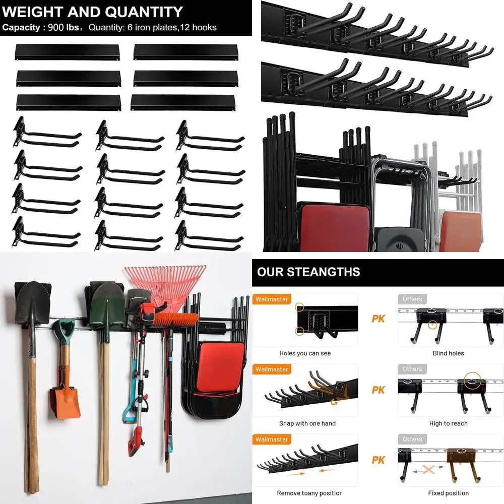 Heavy-Duty Wall-Mounted Storage Rack with 12 Adjustable Hooks for Tools and Gardening Equipment, 96 Length, Supports 900lb
Heavy-Duty Wall-Mounted Storage Rack with 12 Adjustable Hooks for Tools and Gardening Equipment, 96 Length, Supports 900lb