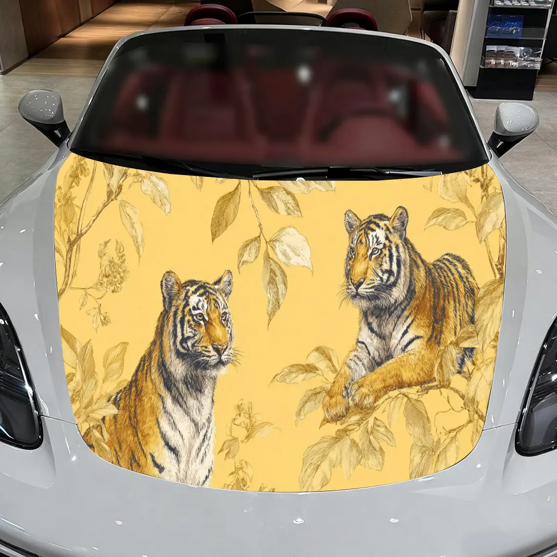Car Decals A Tiger Pair Design with Floral Foliage Elements in a Bright, Yellow-Hued Textured Background with Artistic Car Hood
Car Decals A Tiger Pair Design with Floral Foliage Elements in a Bright, Yellow-Hued Textured Background with Artistic Car Hood