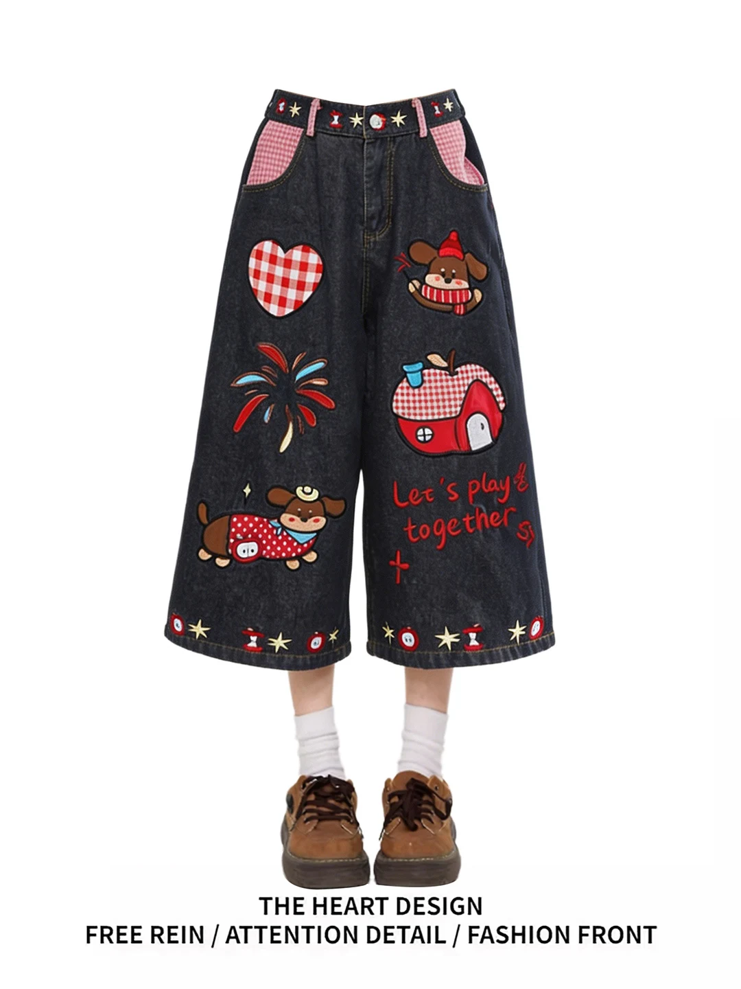 Retro American Cartoon Dog Embroidered Denim Shorts Women's Loose Wide Leg Casual Seven-Foot Pants Summer High Waist Jeans
Retro American Cartoon Dog Embroidered Denim Shorts Women's Loose Wide Leg Casual Seven-Foot Pants Summer High Waist Jeans