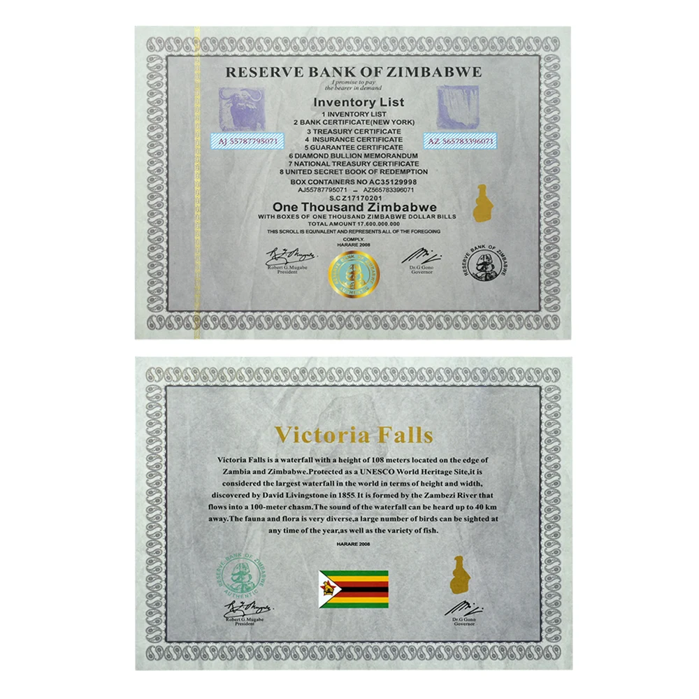 100 pcs Zimbabwe Certificate Scroll One Thousand Zimbabwe Paper Money Inventory List Retro Style Belt Gold Belt with UV Light
100 pcs Zimbabwe Certificate Scroll One Thousand Zimbabwe Paper Money Inventory List Retro Style Belt Gold Belt with UV Light
