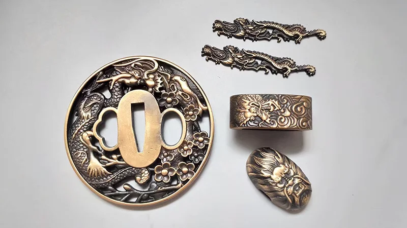 Complete Vintage Copper Brass Set of Tsuka Accessories Tsuba Fushi Kashira Menuki for Japanese Samurai Katana Sword
Complete Vintage Copper Brass Set of Tsuka Accessories Tsuba Fushi Kashira Menuki for Japanese Samurai Katana Sword