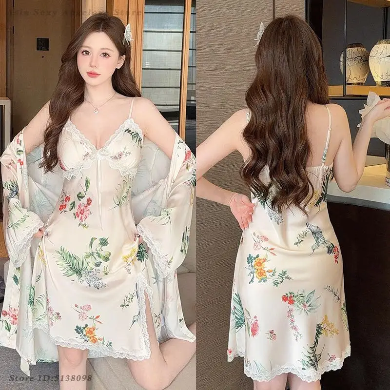 Female 2PCS Robe Nightgown Set Sexy Lace Trim Suspender Nightdress Lingerie Spring Summer New Satin Sleepwear Kimono Bathrobe
Female 2PCS Robe Nightgown Set Sexy Lace Trim Suspender Nightdress Lingerie Spring Summer New Satin Sleepwear Kimono Bathrobe