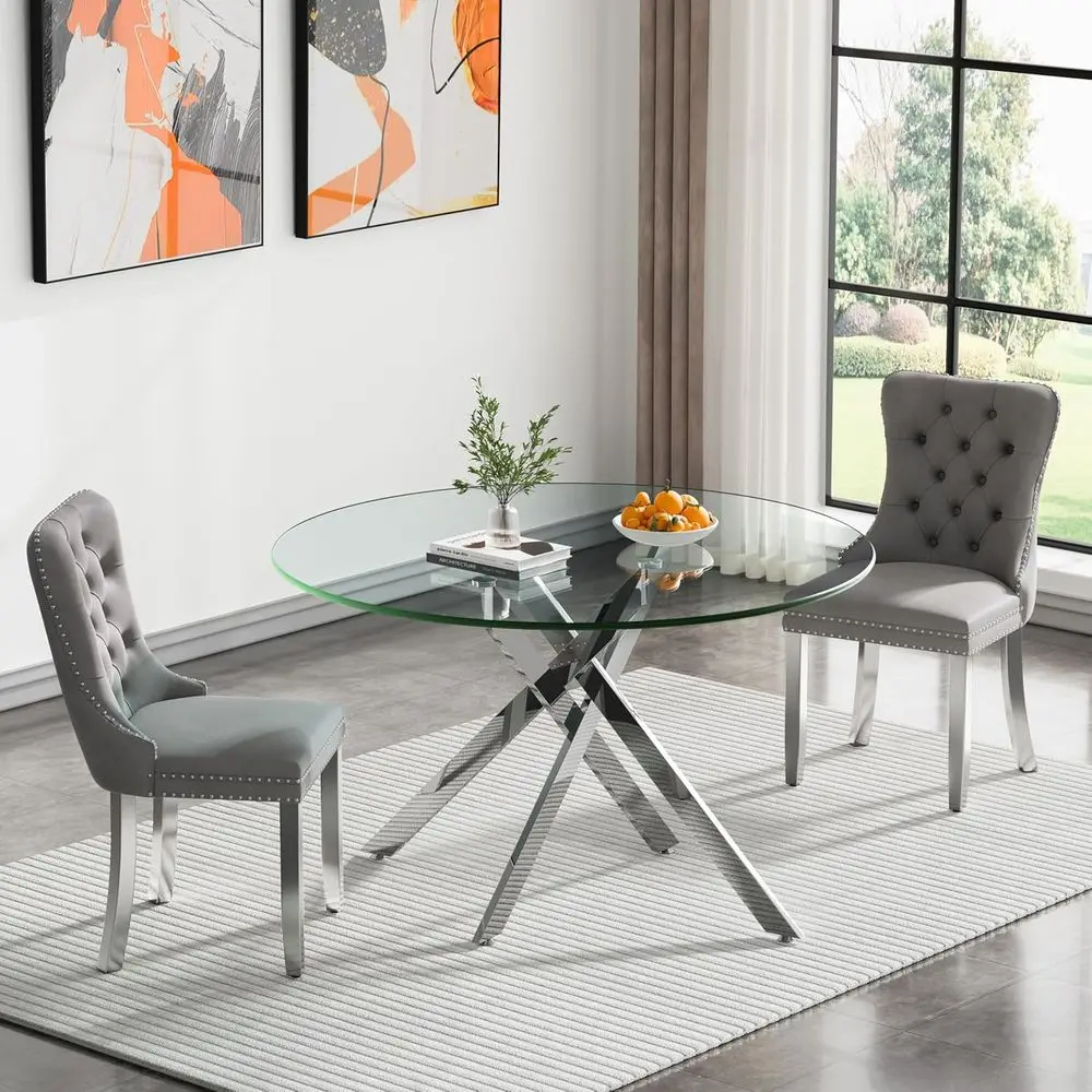 Round Dining Set with Grey Velvet Chairs or 2 Small Kitchen Tables, 47 Glass Top with Silver Legs, 3-Piece Dining Set or Breakfa
Round Dining Set with Grey Velvet Chairs or 2 Small Kitchen Tables, 47 Glass Top with Silver Legs, 3-Piece Dining Set or Breakfa