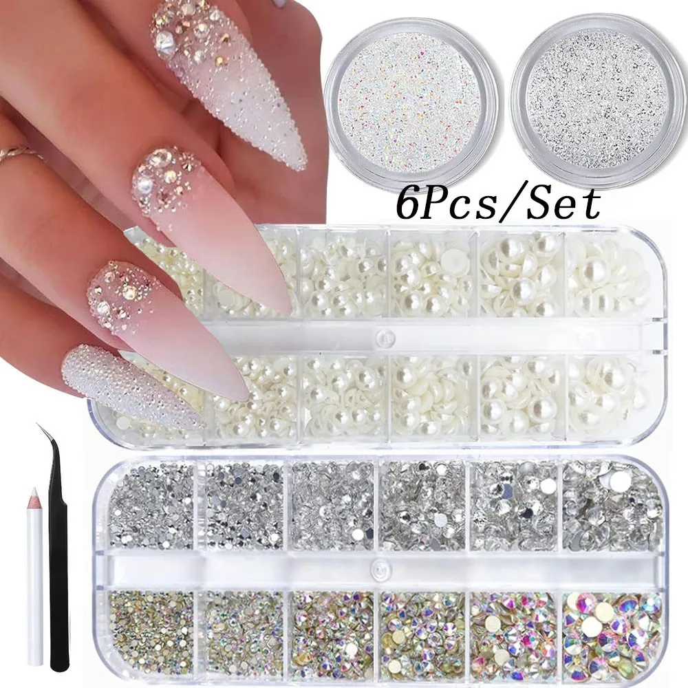 6Pcs Flatback Rhinestones Pearls Nail Charms Kit AB Crystal Nail Art Supplies Half Round Pearl Nail Gems with Wax Pencil Tweezer
6Pcs Flatback Rhinestones Pearls Nail Charms Kit AB Crystal Nail Art Supplies Half Round Pearl Nail Gems with Wax Pencil Tweezer