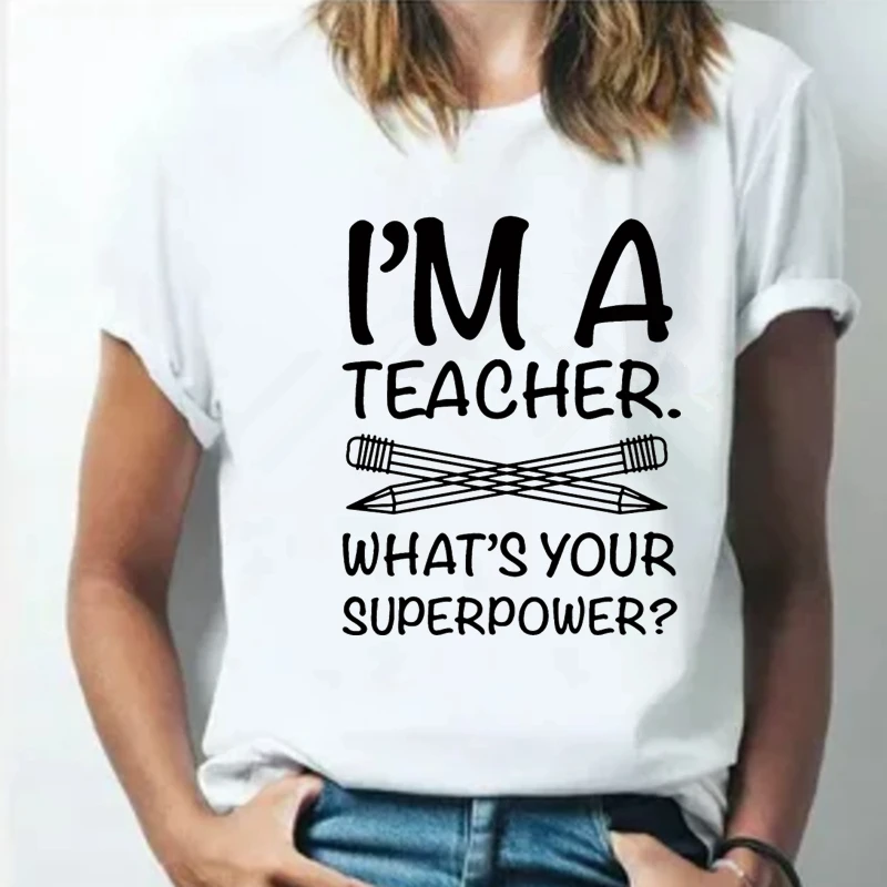 I'M TEACHER WHAT'S Your SUPERPOWER Women's Casual White Short Sleeve O Neck Tops, Letter Print Tees, Funny
I'M TEACHER WHAT'S Your SUPERPOWER Women's Casual White Short Sleeve O Neck Tops, Letter Print Tees, Funny