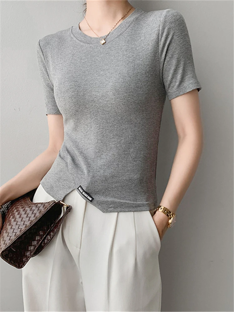 Summer Solid Knitted Irregular Women's T-Shirts Short Sleeve Bottoming Skinny Shirts Chic Knitwear Short Tops Female 2022 New
Summer Solid Knitted Irregular Women's T-Shirts Short Sleeve Bottoming Skinny Shirts Chic Knitwear Short Tops Female 2022 New