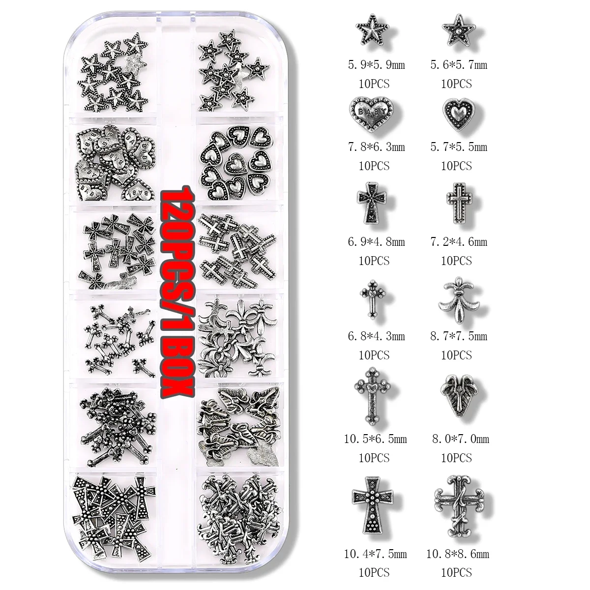 120 pcs / 1 box European American dark vintage style cross nail art patch y2k Premium Metal Style Heart Nail Metal Decorment Set
120 pcs / 1 box European American dark vintage style cross nail art patch y2k Premium Metal Style Heart Nail Metal Decorment Set