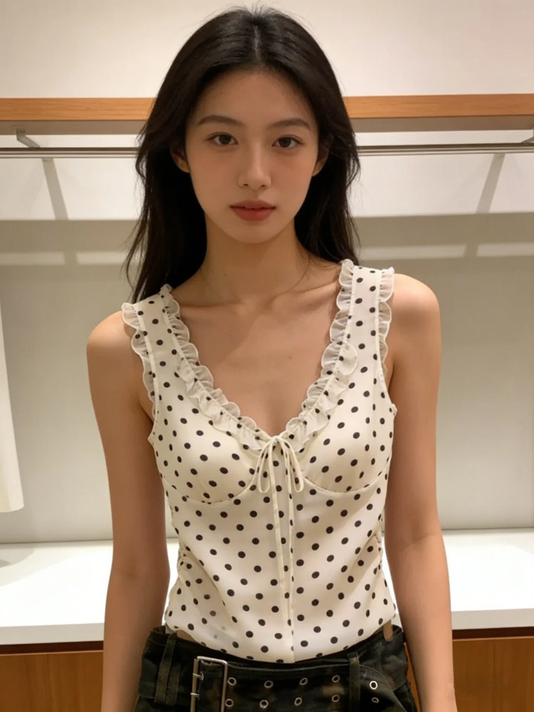 Elegant Polka Dot V-Neck Drawstring Ruffle Sleeveless Women's Top Fashionable Minimalist Trendy Casual Wear Polyester Material
Elegant Polka Dot V-Neck Drawstring Ruffle Sleeveless Women's Top Fashionable Minimalist Trendy Casual Wear Polyester Material