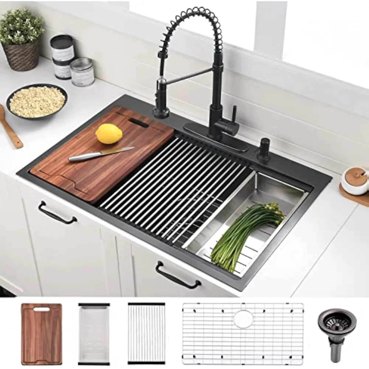30 英寸 Black Drop in Kitchen Sink Workstation - 30X22-Inch Drop in Sink Single Bowl 16 Gauge Stainless Steel 10'' Deep Handma
30 英寸 Black Drop in Kitchen Sink Workstation - 30X22-Inch Drop in Sink Single Bowl 16 Gauge Stainless Steel 10'' Deep Handma