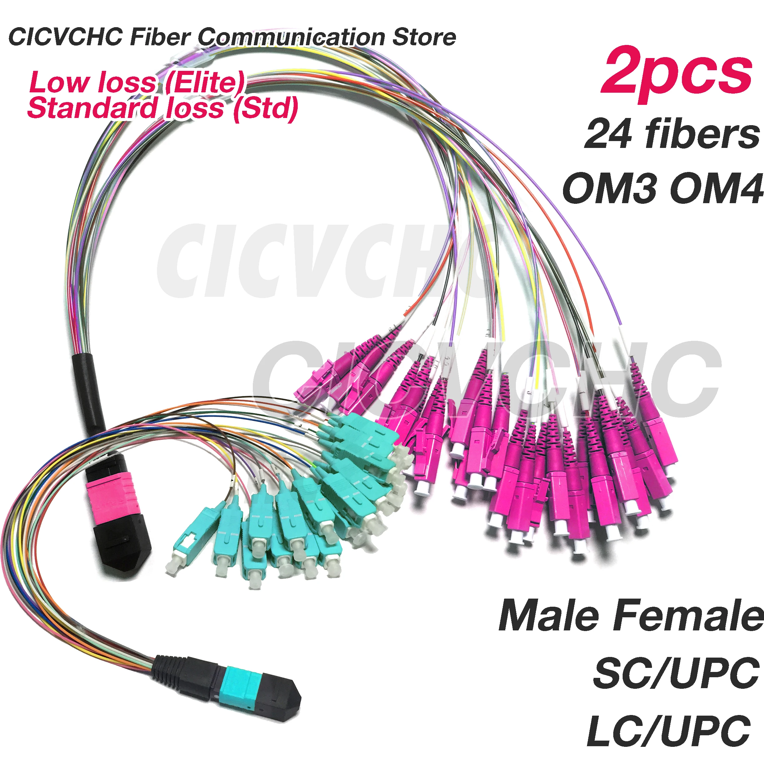 2pcs 24 Fibers MPO/UPC - SC/UPC LC/UPC-Harness cable-OM3 OM4-0.35m 0.9mm colored tube-Elite/Low Loss-Male/Female
2pcs 24 Fibers MPO/UPC - SC/UPC LC/UPC-Harness cable-OM3 OM4-0.35m 0.9mm colored tube-Elite/Low Loss-Male/Female