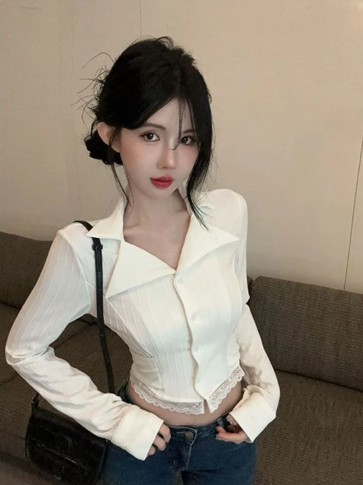 White Lace Splice irt Women's Spring Autumn Sweet And Spicy ort Top High Waist Tie Belted irt Long Sve Flip Collar
White Lace Splice irt Women's Spring Autumn Sweet And Spicy ort Top High Waist Tie Belted irt Long Sve Flip Collar