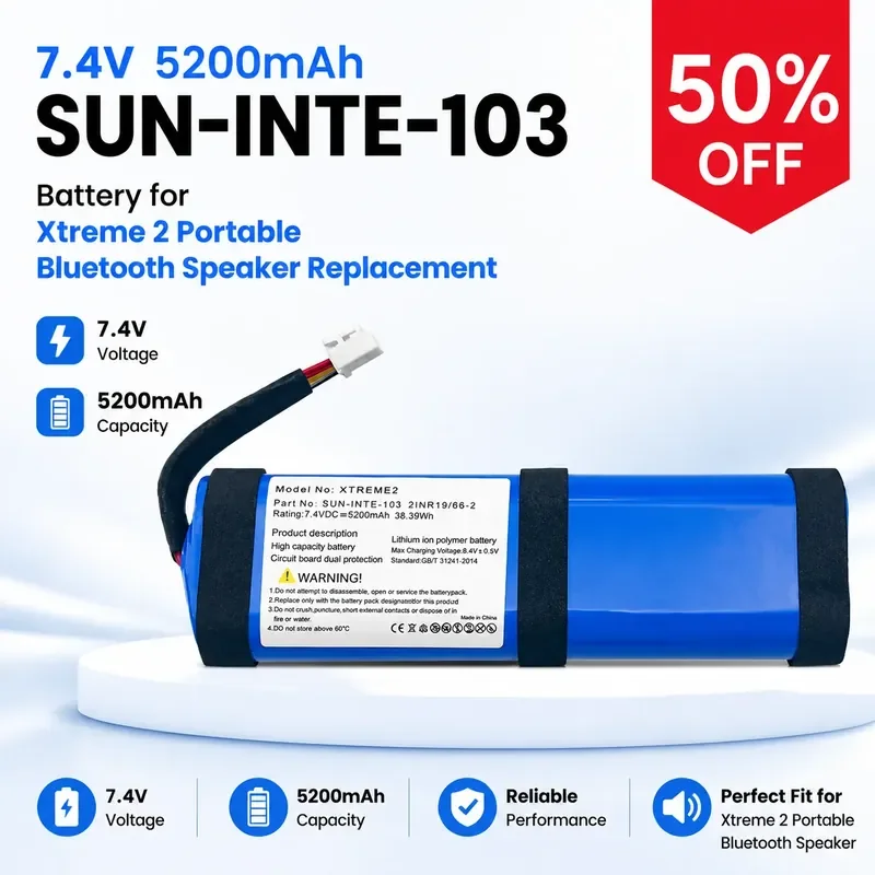 7.4V 5200mAh SUN-INTE-103 Battery for Xtreme 2 Portable Bluetooth Speaker Replacement
7.4V 5200mAh SUN-INTE-103 Battery for Xtreme 2 Portable Bluetooth Speaker Replacement