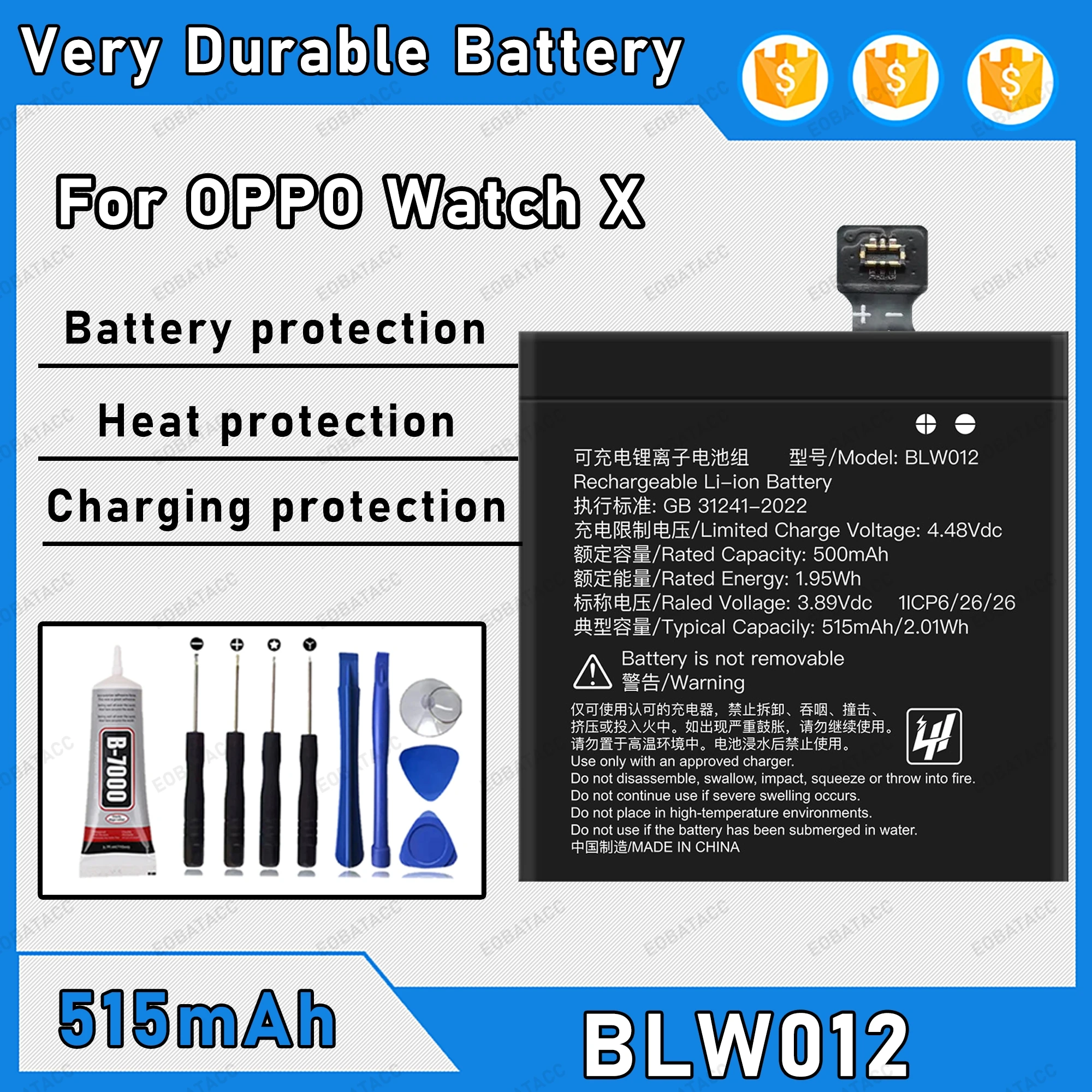 515mAh 100% New BLW012 Battery For OPPO Watch X Replacement Bateria+Free Tools
515mAh 100% New BLW012 Battery For OPPO Watch X Replacement Bateria+Free Tools
