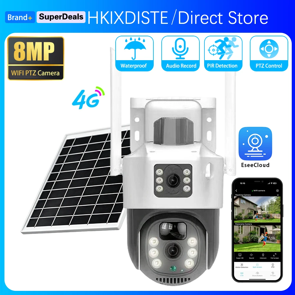 Dual Lens 4G 8MP 4K Outdoor Solar PTZ Camera Surveillance Camera Solar Panel Battery Human Detection Color Night Vision Camera
Dual Lens 4G 8MP 4K Outdoor Solar PTZ Camera Surveillance Camera Solar Panel Battery Human Detection Color Night Vision Camera
