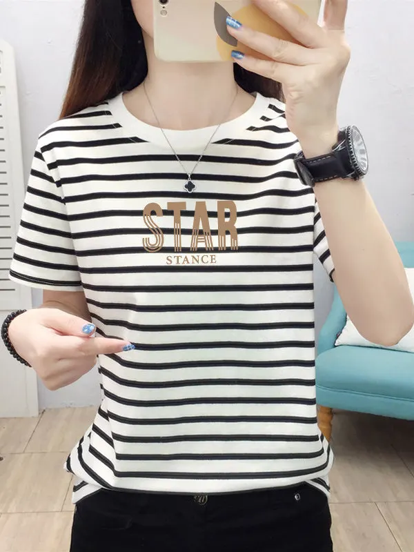 Loose Short Sleeve T-Shirt Women plus Size Mom Middle Age Black White Stripes Top Casual Cotton Blend Elastic Fabric
Loose Short Sleeve T-Shirt Women plus Size Mom Middle Age Black White Stripes Top Casual Cotton Blend Elastic Fabric