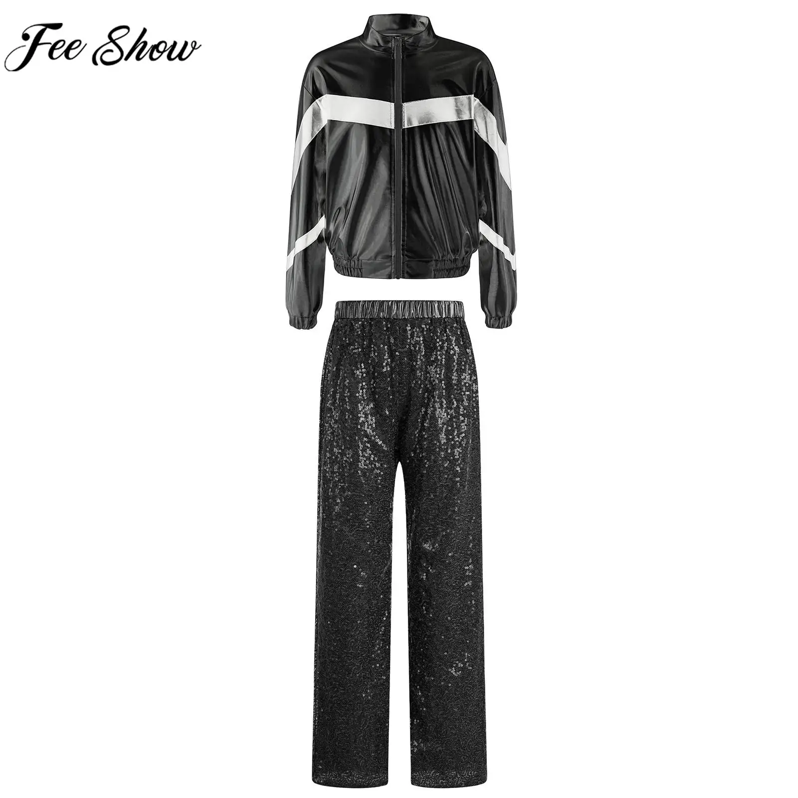 Children Girl Hip Hop Jazz Dance Costume Long Sleeve Metallic Zipper Stand Collar Jacket with Sequin Pants for Party Performance
Children Girl Hip Hop Jazz Dance Costume Long Sleeve Metallic Zipper Stand Collar Jacket with Sequin Pants for Party Performance