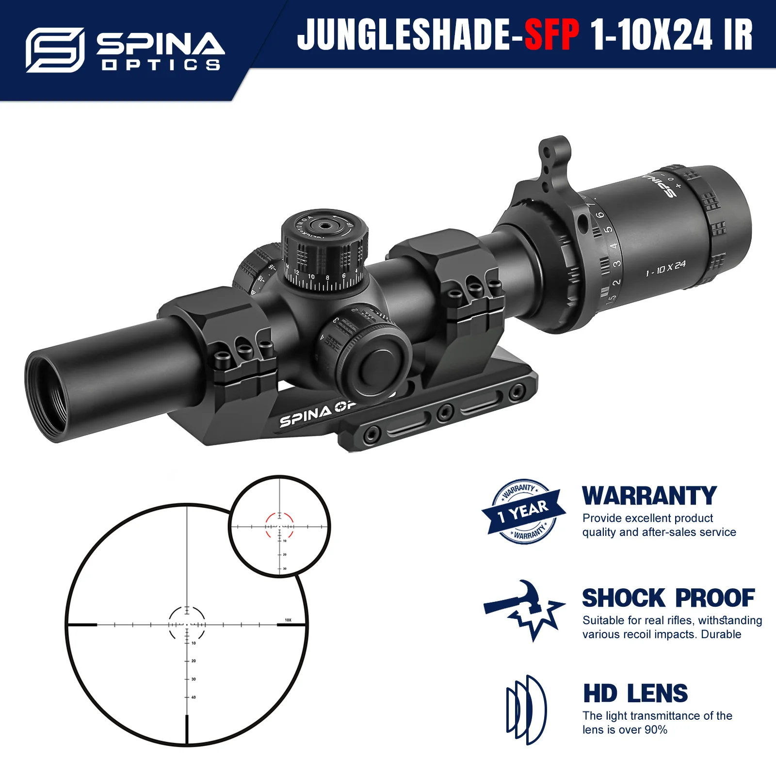 SPINA OPTICS JungleShade 1-10x24 LPVO Тактический прицел - Алюминий 7075, устойчивый к ударам + крепление с поглощением отдачи, под патроны .338/.308
SPINA OPTICS JungleShade 1-10x24 LPVO Тактический прицел - Алюминий 7075, устойчивый к ударам + крепление с поглощением отдачи, под патроны .338/.308