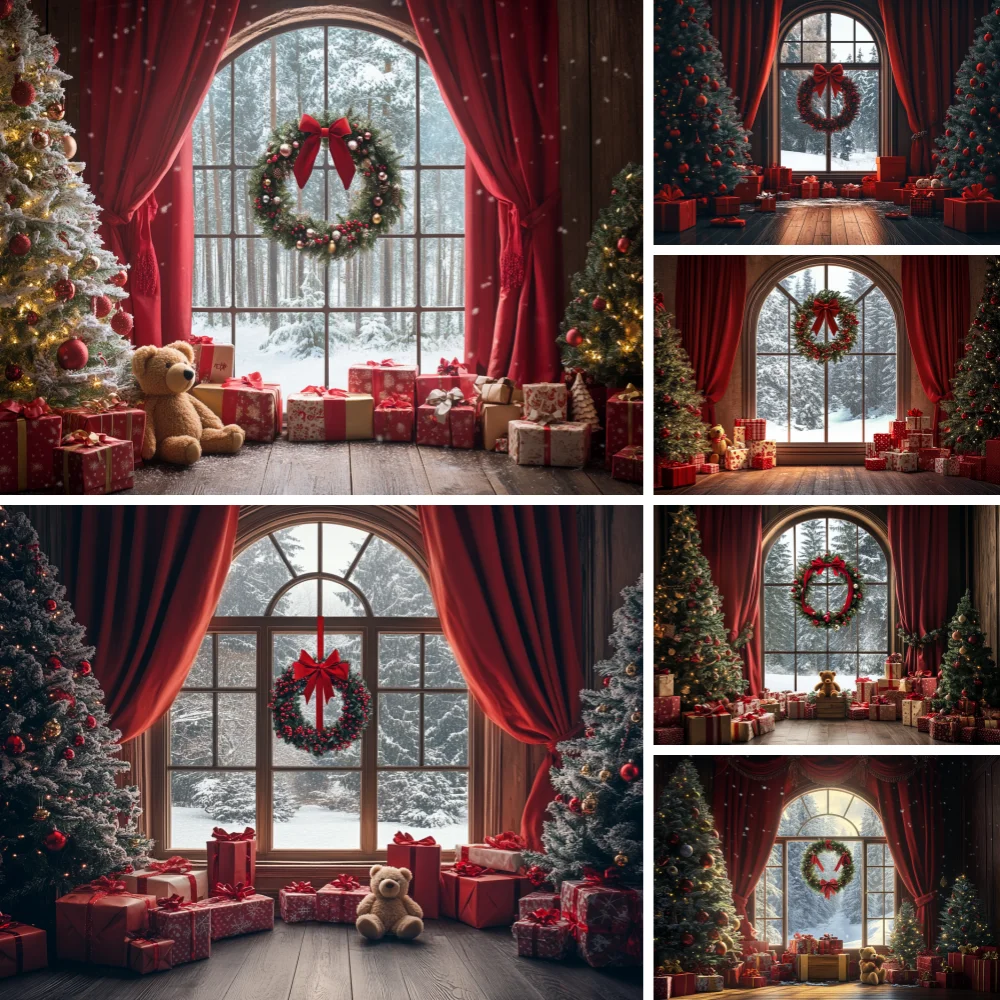 Christmas Arch Window Backdrop Red Curtain Wreath Xmas Tree Little Bear Gift Box Winter Holiday Portrait Photography Background
Christmas Arch Window Backdrop Red Curtain Wreath Xmas Tree Little Bear Gift Box Winter Holiday Portrait Photography Background